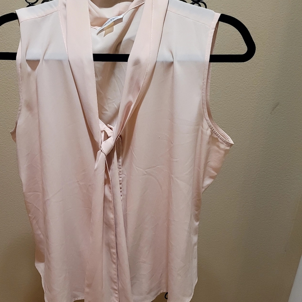 Calvin Klein Pale Pink Sleeveless Tie-Neck Blouse
